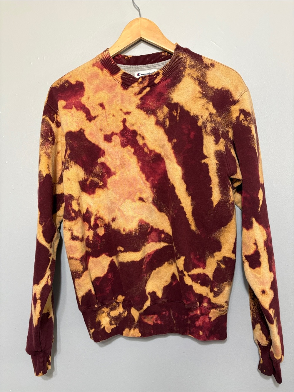 Champion Reverse Weave Maroon Bleach Tie-Dye Acid Wash Crewneck Sweatshirt S